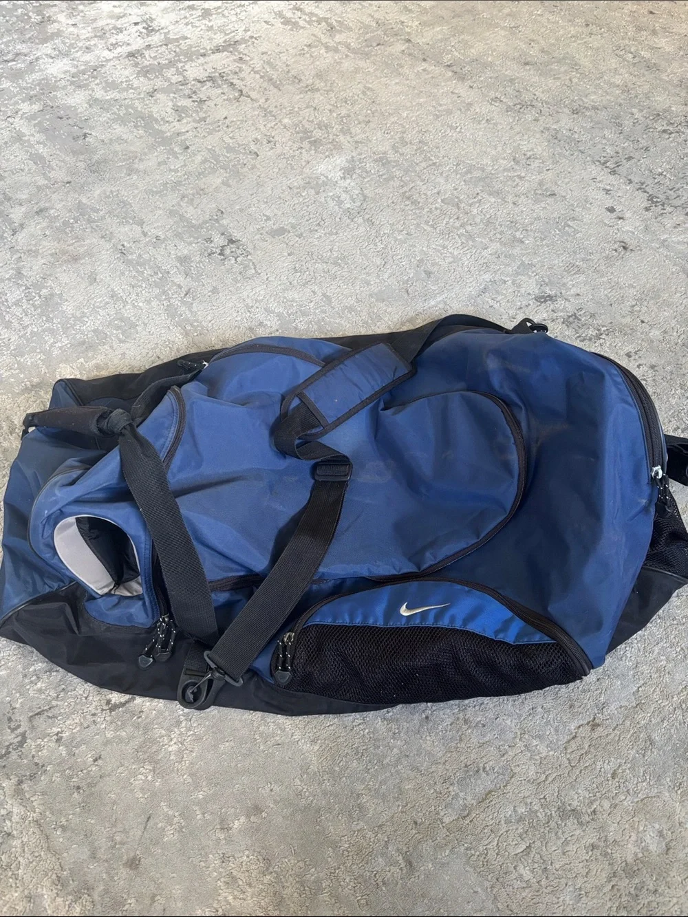 Vintage Nike Blue and Black Sports Duffel with Nike Swoosh